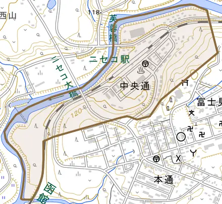 字中央通とその周辺の地図。町の範囲を重ねている