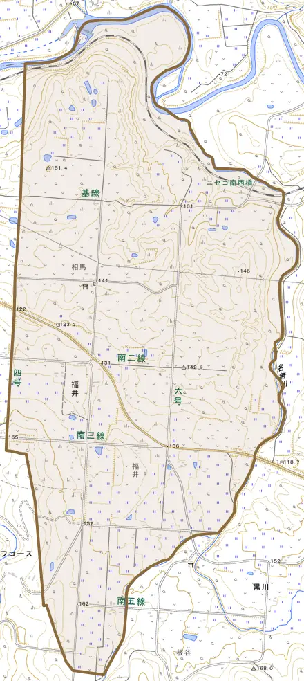 字福井とその周辺の地図。町の範囲を重ねている