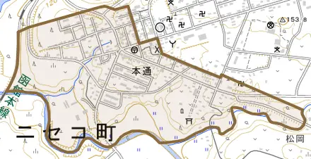 字本通とその周辺の地図。町の範囲を重ねている