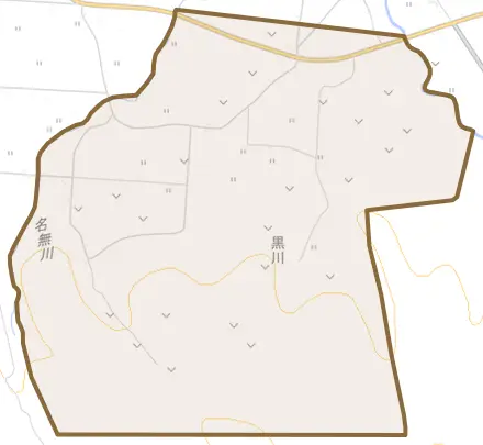 字黒川とその周辺の地図。町の範囲を重ねている