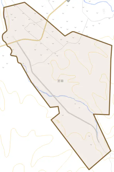 字宮田とその周辺の地図。町の範囲を重ねている