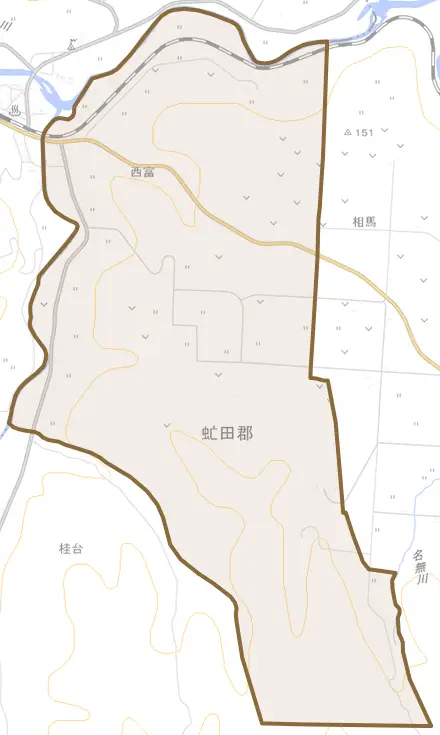 字西富とその周辺の地図。町の範囲を重ねている