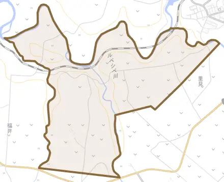 字富川とその周辺の地図。町の範囲を重ねている
