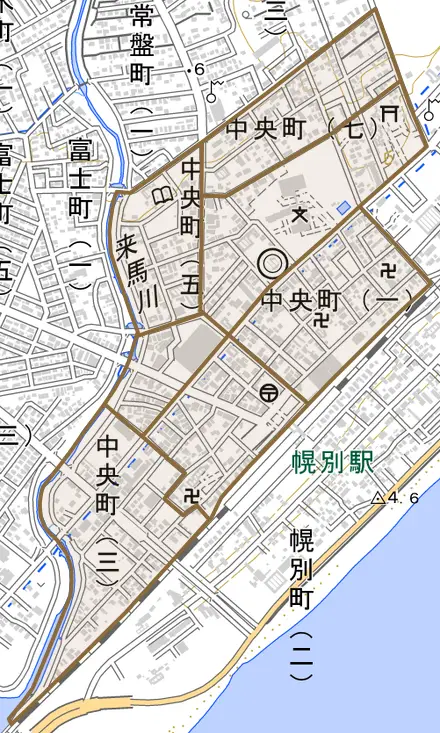 中央町とその周辺の地図。町の範囲を重ねている