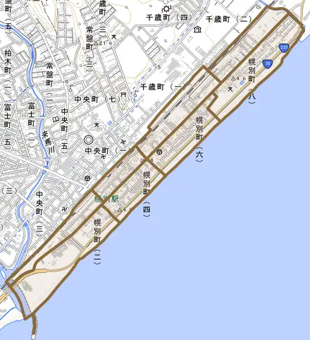 幌別町とその周辺の地図。町の範囲を重ねている