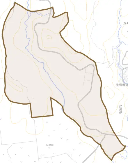 上登別町とその周辺の地図。町の範囲を重ねている