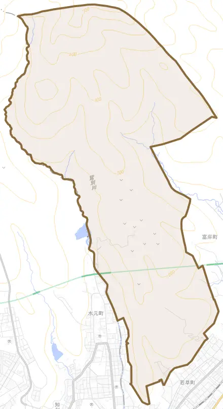 上鷲別町とその周辺の地図。町の範囲を重ねている