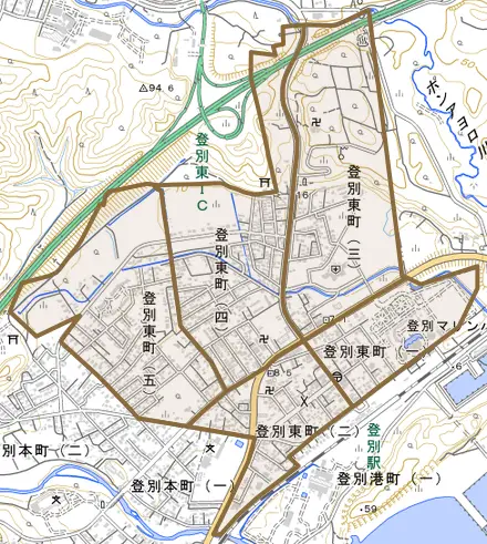 登別東町とその周辺の地図。町の範囲を重ねている