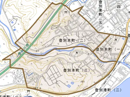 登別本町とその周辺の地図。町の範囲を重ねている