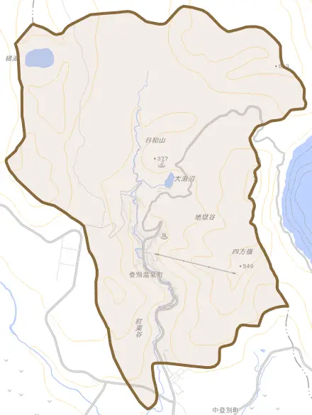 登別温泉町とその周辺の地図。町の範囲を重ねている