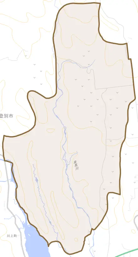 来馬町とその周辺の地図。町の範囲を重ねている