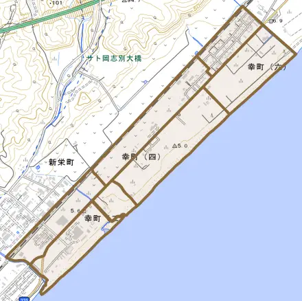 幸町とその周辺の地図。町の範囲を重ねている