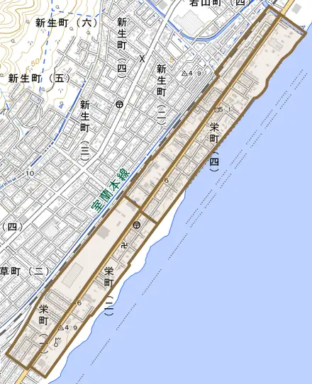 栄町とその周辺の地図。町の範囲を重ねている