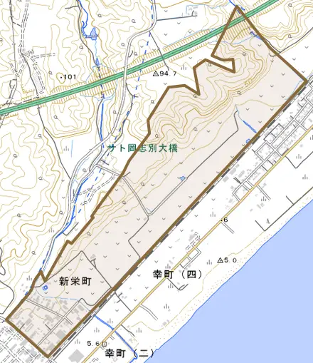 新栄町とその周辺の地図。町の範囲を重ねている