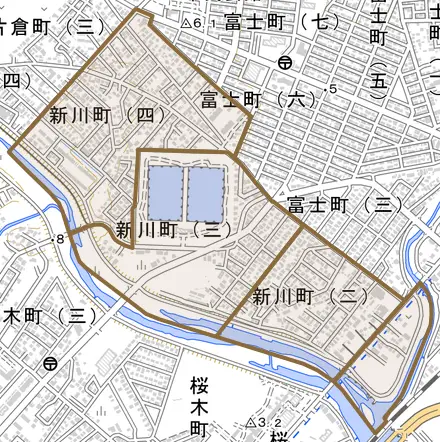 新川町とその周辺の地図。町の範囲を重ねている