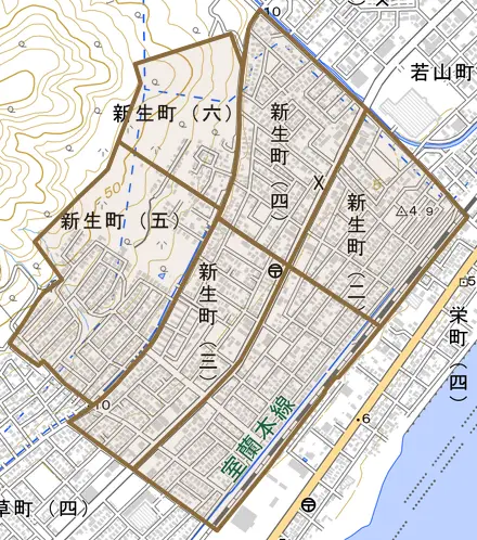 新生町とその周辺の地図。町の範囲を重ねている
