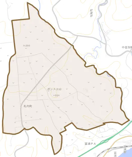 札内町とその周辺の地図。町の範囲を重ねている