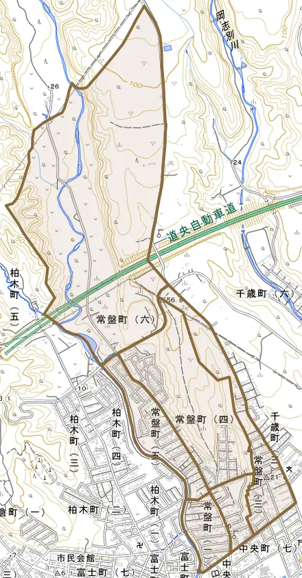 常盤町とその周辺の地図。町の範囲を重ねている