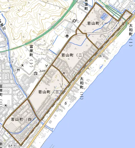 若山町とその周辺の地図。町の範囲を重ねている