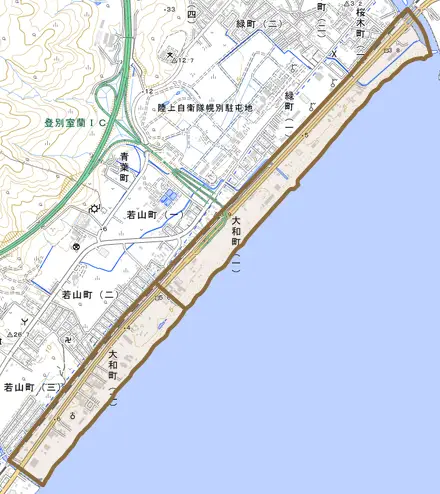 大和町とその周辺の地図。町の範囲を重ねている