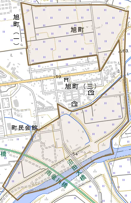 字旭町とその周辺の地図。町の範囲を重ねている