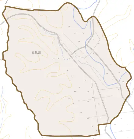 字恵比島とその周辺の地図。町の範囲を重ねている