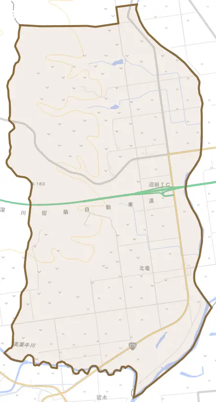 字北竜とその周辺の地図。町の範囲を重ねている