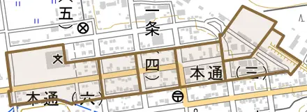 本通とその周辺の地図。町の範囲を重ねている