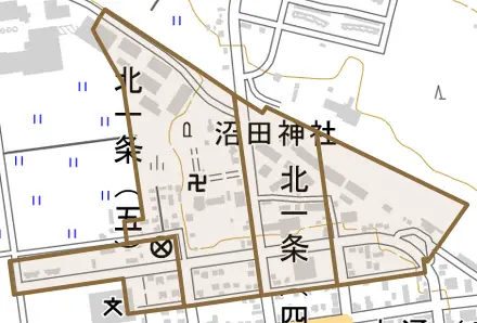北一条とその周辺の地図。町の範囲を重ねている