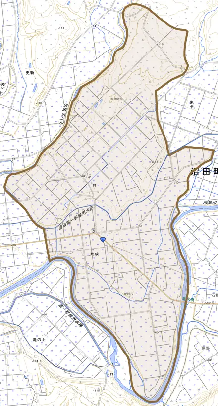 字共成とその周辺の地図。町の範囲を重ねている