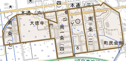 南一条とその周辺の地図。町の範囲を重ねている