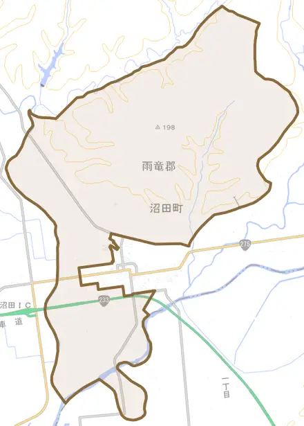 字沼田とその周辺の地図。町の範囲を重ねている