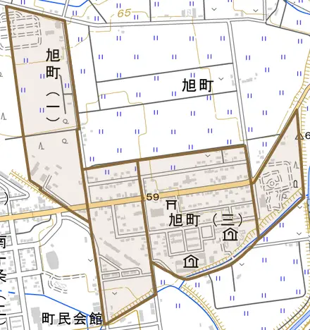 旭町とその周辺の地図。町の範囲を重ねている