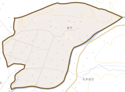 字東予とその周辺の地図。町の範囲を重ねている
