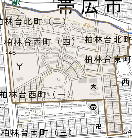 柏林台東町とその周辺の地図。町の範囲を重ねている