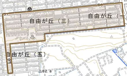 自由が丘とその周辺の地図。町の範囲を重ねている