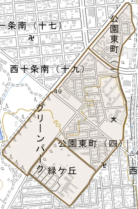 公園東町とその周辺の地図。町の範囲を重ねている