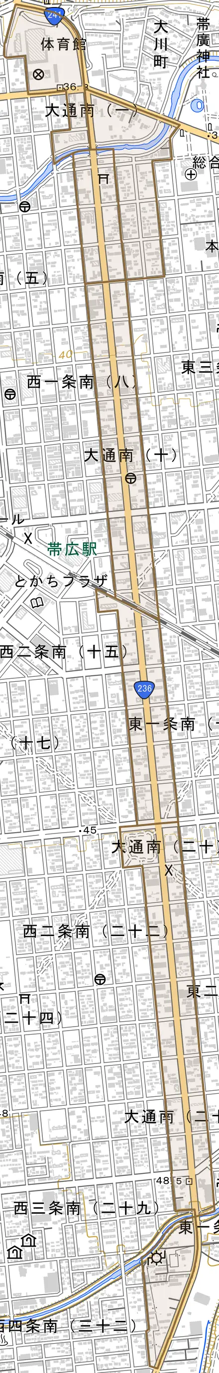 大通南とその周辺の地図。町の範囲を重ねている