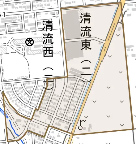 清流西とその周辺の地図。町の範囲を重ねている