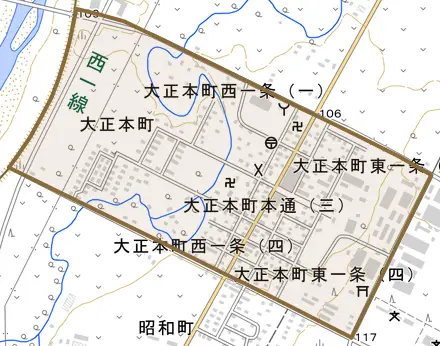 大正本町とその周辺の地図。町の範囲を重ねている