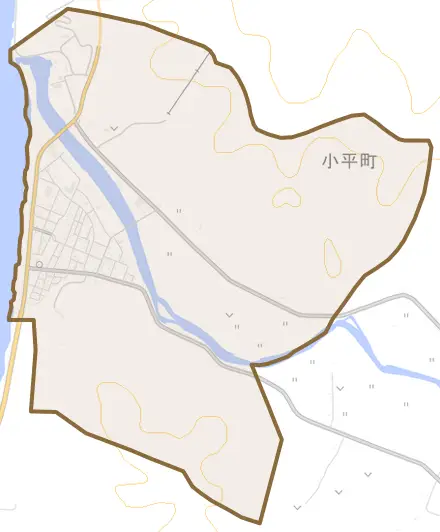 小平町とその周辺の地図。町の範囲を重ねている