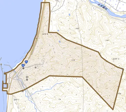 臼谷とその周辺の地図。町の範囲を重ねている