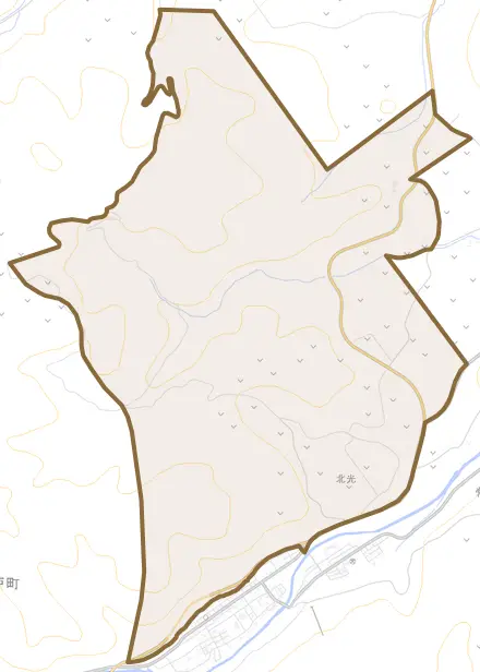 字北光とその周辺の地図。町の範囲を重ねている