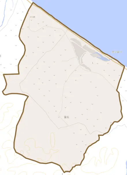 字富丘とその周辺の地図。町の範囲を重ねている
