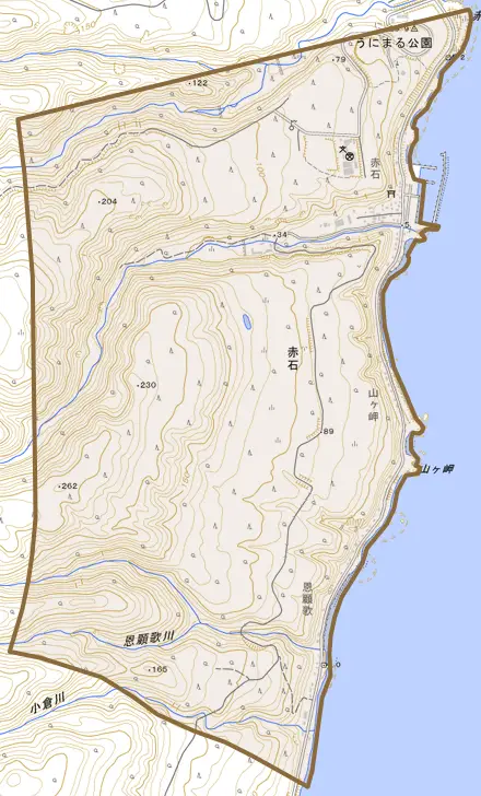字赤石とその周辺の地図。町の範囲を重ねている