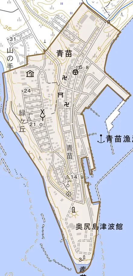 字青苗とその周辺の地図。町の範囲を重ねている