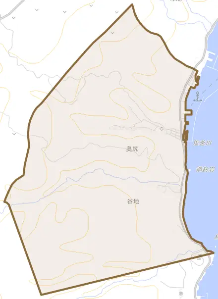 字奥尻とその周辺の地図。町の範囲を重ねている