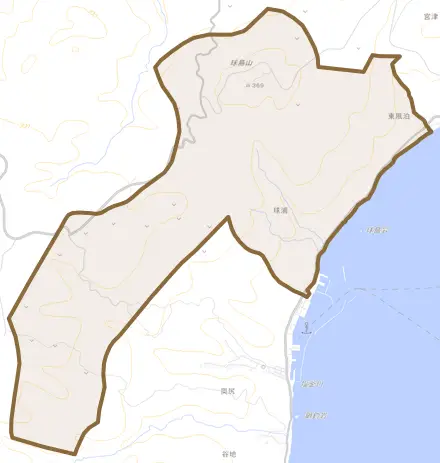 字球浦とその周辺の地図。町の範囲を重ねている