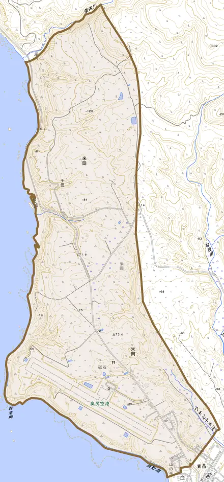 字米岡とその周辺の地図。町の範囲を重ねている