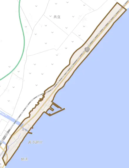 字旭浜とその周辺の地図。町の範囲を重ねている